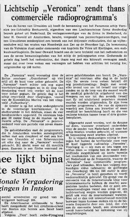 Veronica Lichtschip zendt thans commerciele radioprogramma's  22 april 1960 Bew.png