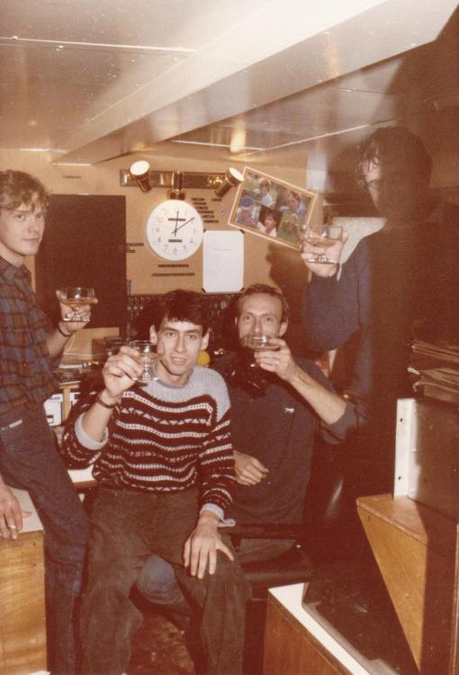 Frits Koning,Maarten de Jong, Ad Roberts,Fred Bolland,opening radio Monique 1984 Ross Revenge.jpg
