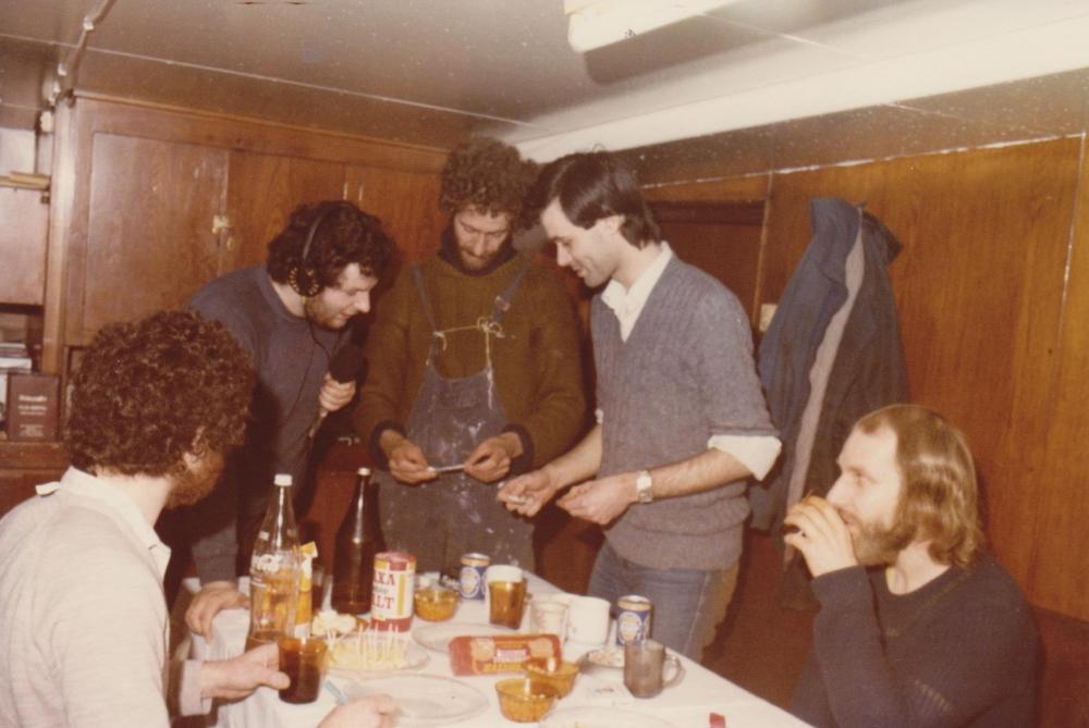 Dart competition Easter 1985 Ross Revenge Simon Barrett,Johnny Lewis,Tony,Peter Philips,Mike Barrington.jpg