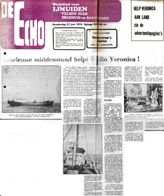 19740627 De Echo Haarlemse middenstand helpt Radio Veronica