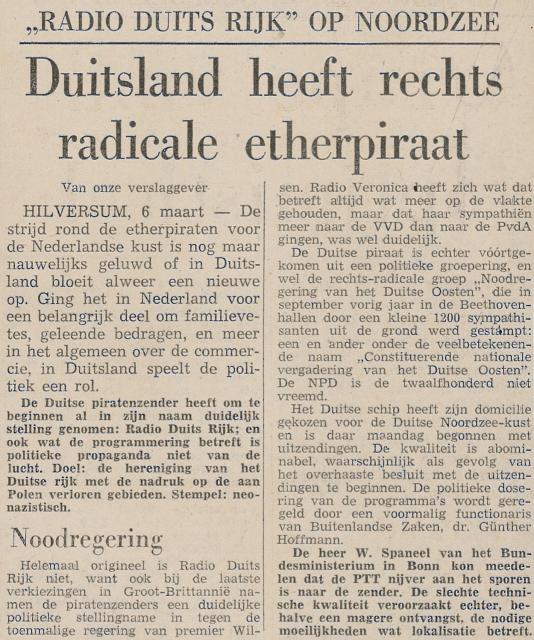 19710306 De Tijd Duistland heeft rechts radicale etherpiraat Radio Duits Rijk op Noordzee.jpg