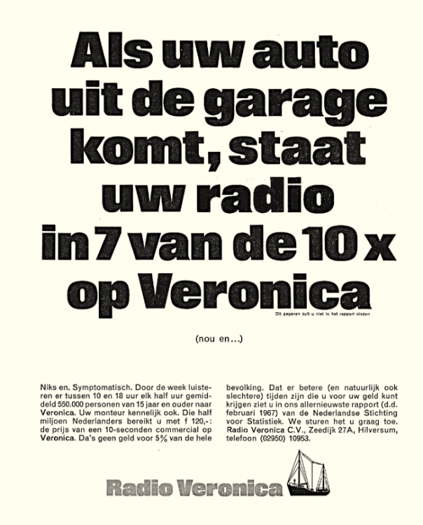 Veronica Advertentie poster 1967-06-14 Als uw auto uit de garage komt, staat uw radio in 7 op de 10 keer op Veronica  (Weekblad Ariadne Reclame & Marketing) nl | page 6 .png