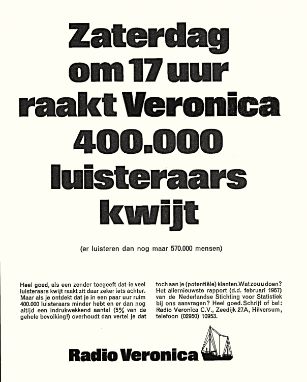 Veronica Advertentie poster 1967-05-31 Zaterdag om 1700 uur raakt Veronica 400.000 luisteraars kwijt  (Weekblad Ariadne Reclame & Marketing).png
