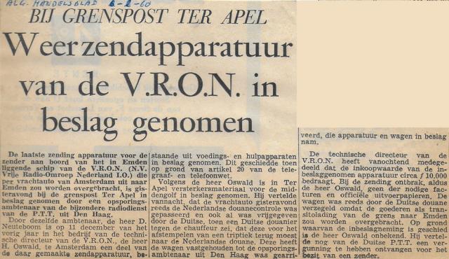 19600206 Alg Handelsblad Weer zendapparatuur van de VRON in beslag genomen.jpg