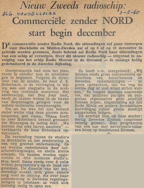 19601103 Alg Handelsblad Nieuw Zweeds radioschip Commerciele zender NORD start begin december.jpg