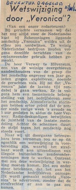 19601115 Deventer dagblad Wetswijziging door Veronica.jpg